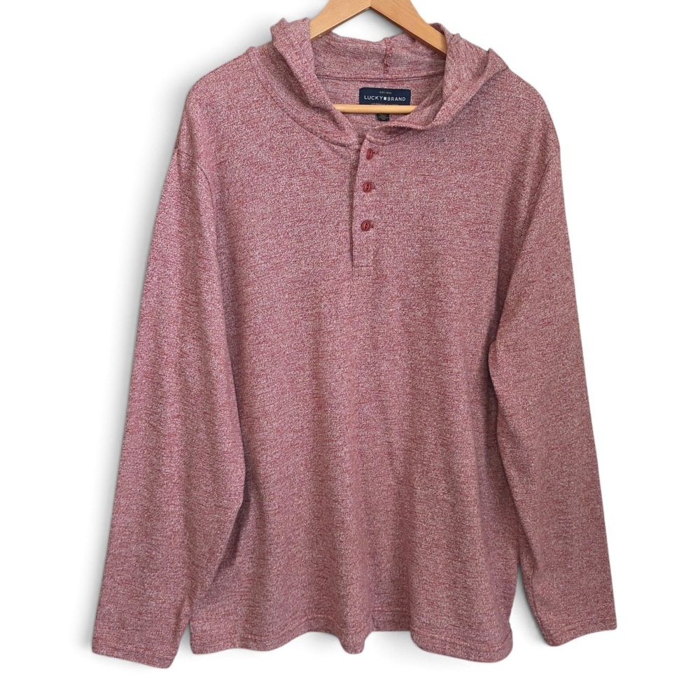 Lucky Brand Henley Hoodie Shirt Mens XXL Red Heather Hooded Lightweight Knit